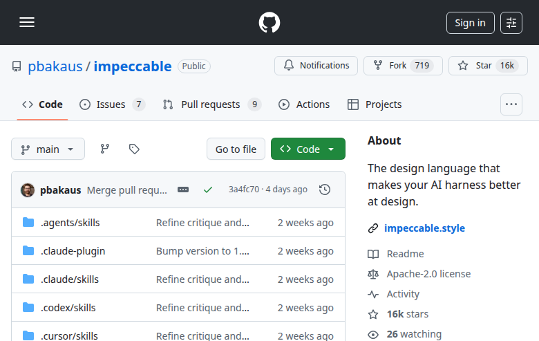 Repositório do Impeccable no GitHub — 16k stars