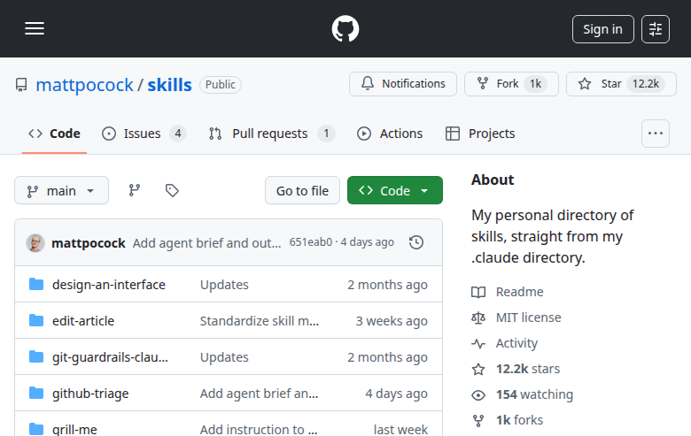 Repositório do Matt Pocock Skills — 12.2k stars