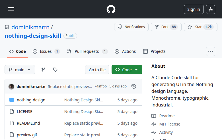 Repositório do Nothing Design Skill no GitHub — 1.2k stars