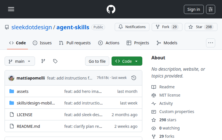 Repositório do Sleek Agent Skills no GitHub — 298 stars