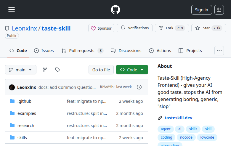Repositório do Taste Skill no GitHub — 7.1k stars