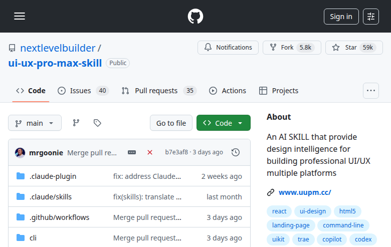 Repositório do UI/UX Pro Max no GitHub — 59k stars
